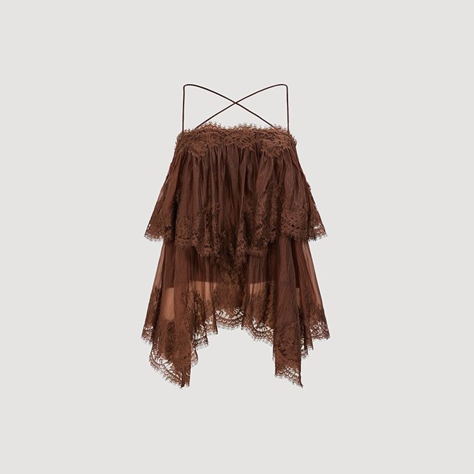 zimmermann light purple lace tiered silk camisole dress